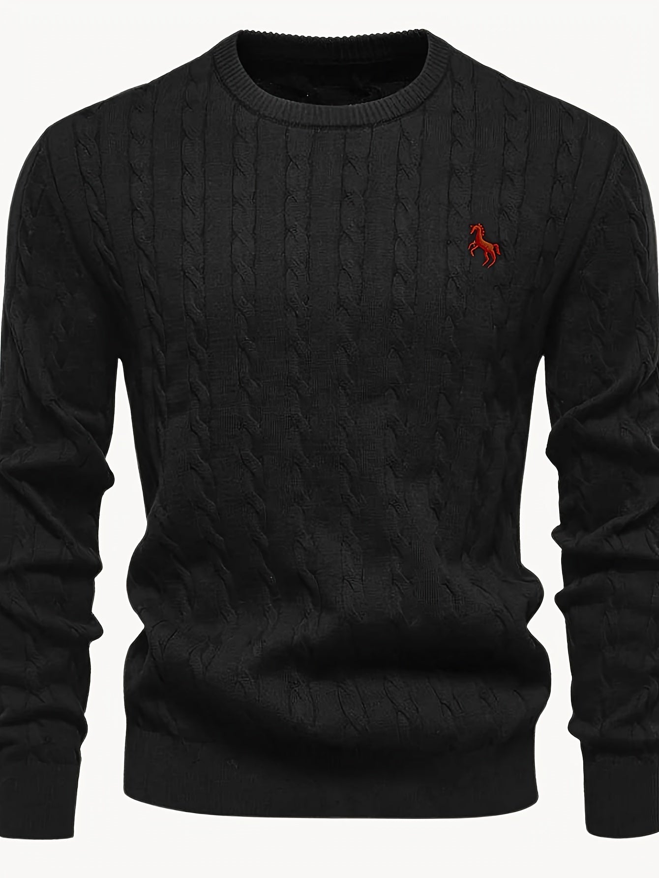 Men's Casual Cable-Knit Sweater with Black Horse Embroidery - Beige Round Neck Pullover, Medium Stretch, Regular Fit for Autumn/Winter, Knit Sweater, Winter Pullover, Simple Elegant Design, Comfortable Texture, Detail
