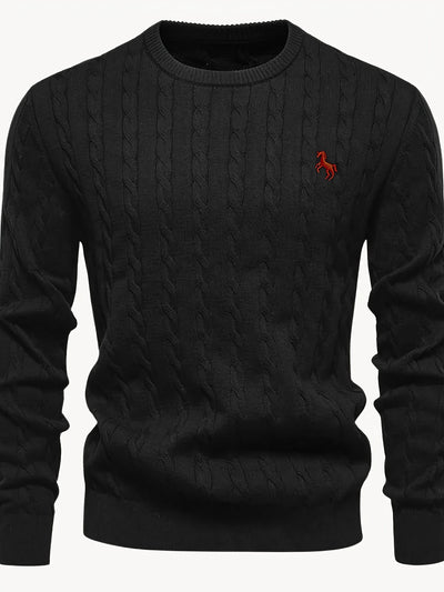 Men's Casual Cable-Knit Sweater with Black Horse Embroidery - Beige Round Neck Pullover, Medium Stretch, Regular Fit for Autumn/Winter, Knit Sweater, Winter Pullover, Simple Elegant Design, Comfortable Texture, Detail