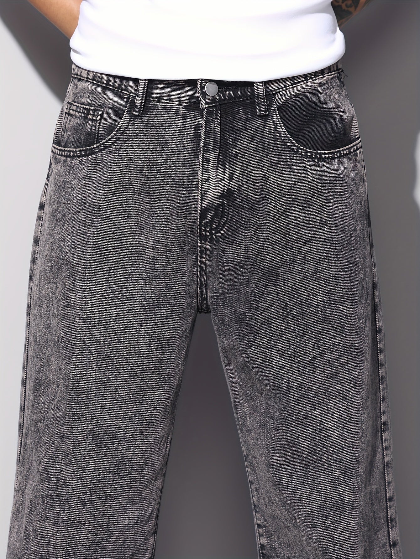 1pc American High Street Loose Jeans, Vintage Snowflake Washed Wide Leg Pants, Unisex Without Belt/Without Hanging