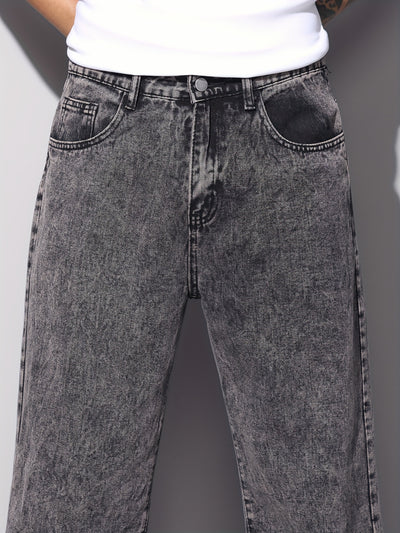 1pc American High Street Loose Jeans, Vintage Snowflake Washed Wide Leg Pants, Unisex Without Belt/Without Hanging