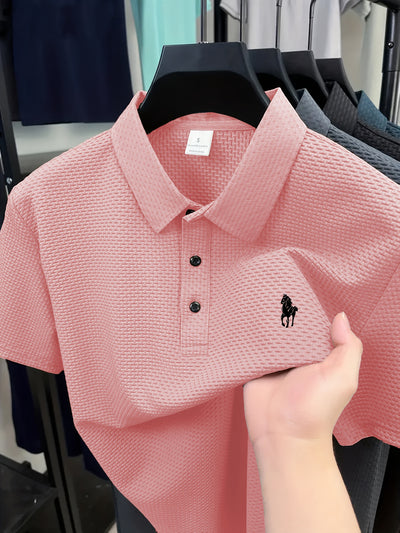 Men'S Casual Golf Shirt with Geometric Print, Lightweight Knit Fabric, Regular Fit, Short Sleeve, Button-Up Collar, Summer Wear, Golf Shirt