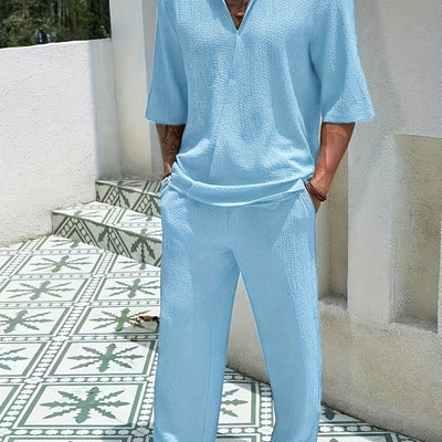 Men'S Casual Summer Polyester T-Shirt and Pants Set - Light Blue, V-Neck Tee with Short Sleeves &amp; Matching Pants, Casual Attire|Vneck Casualwear|Stretchy Fabric