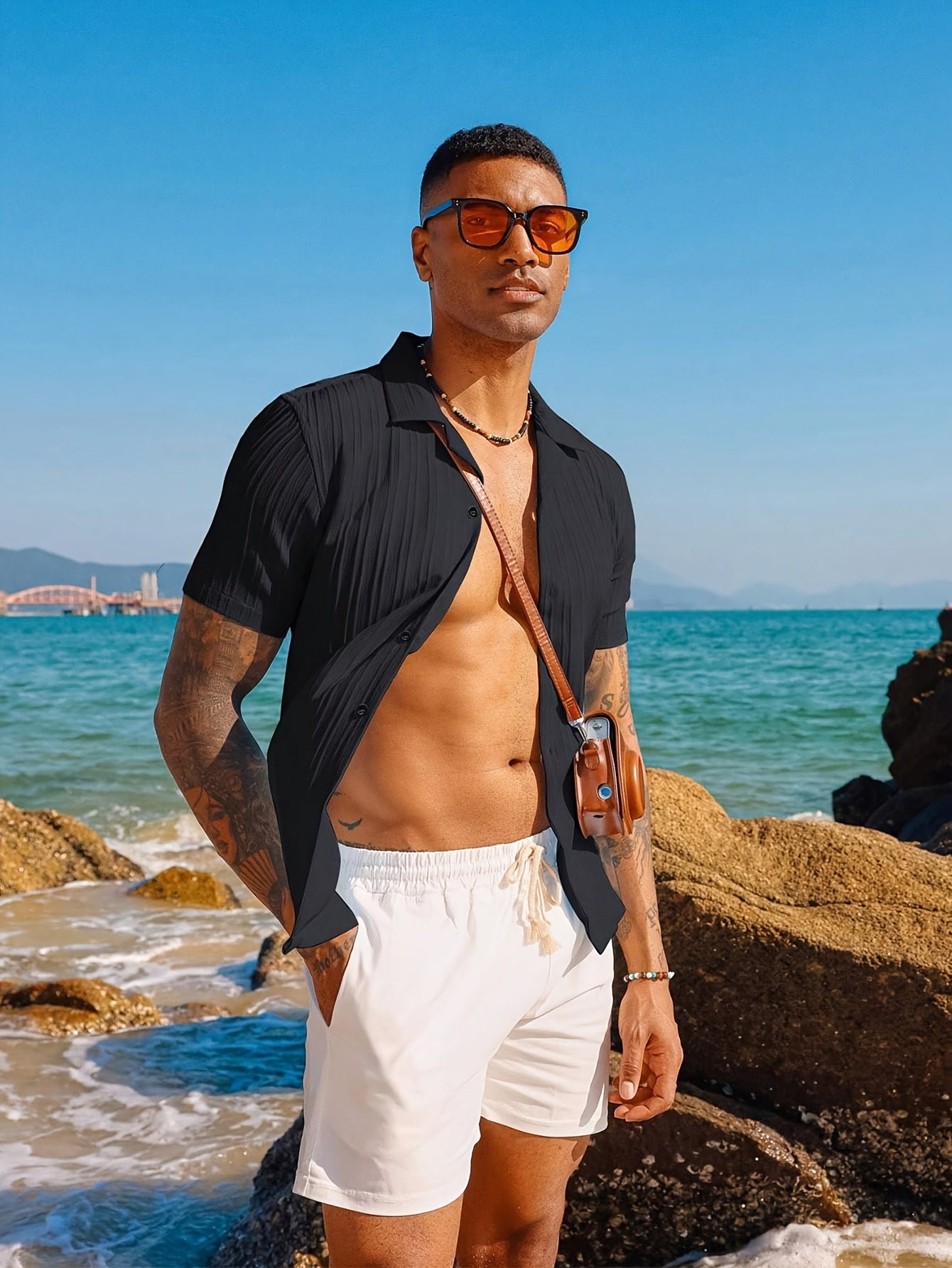 Men'S Textured Short Sleeve Beach Shirt - Casual Summer Cuban Style with Button-Up Front, Dark Blue, Lightweight Polyester Fabric, Perfect for Camping &amp; Vacation, Camping Accessorie