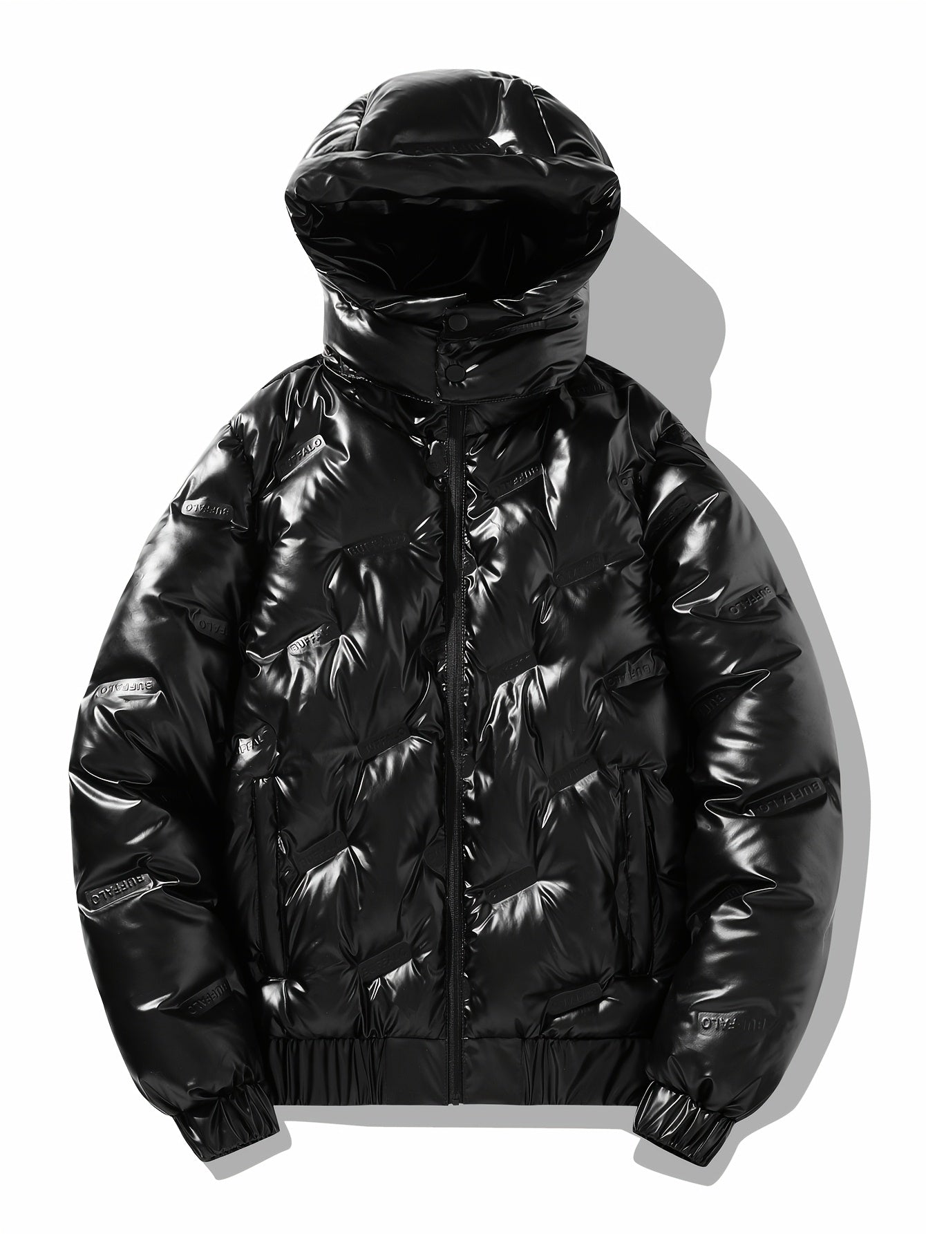 Men'S Black &amp; Golden Glossy Clothes with Detachable Hood - Casual Zip-Up Coat, Polyester, Regular Fit, Pockets, Hats for Men
