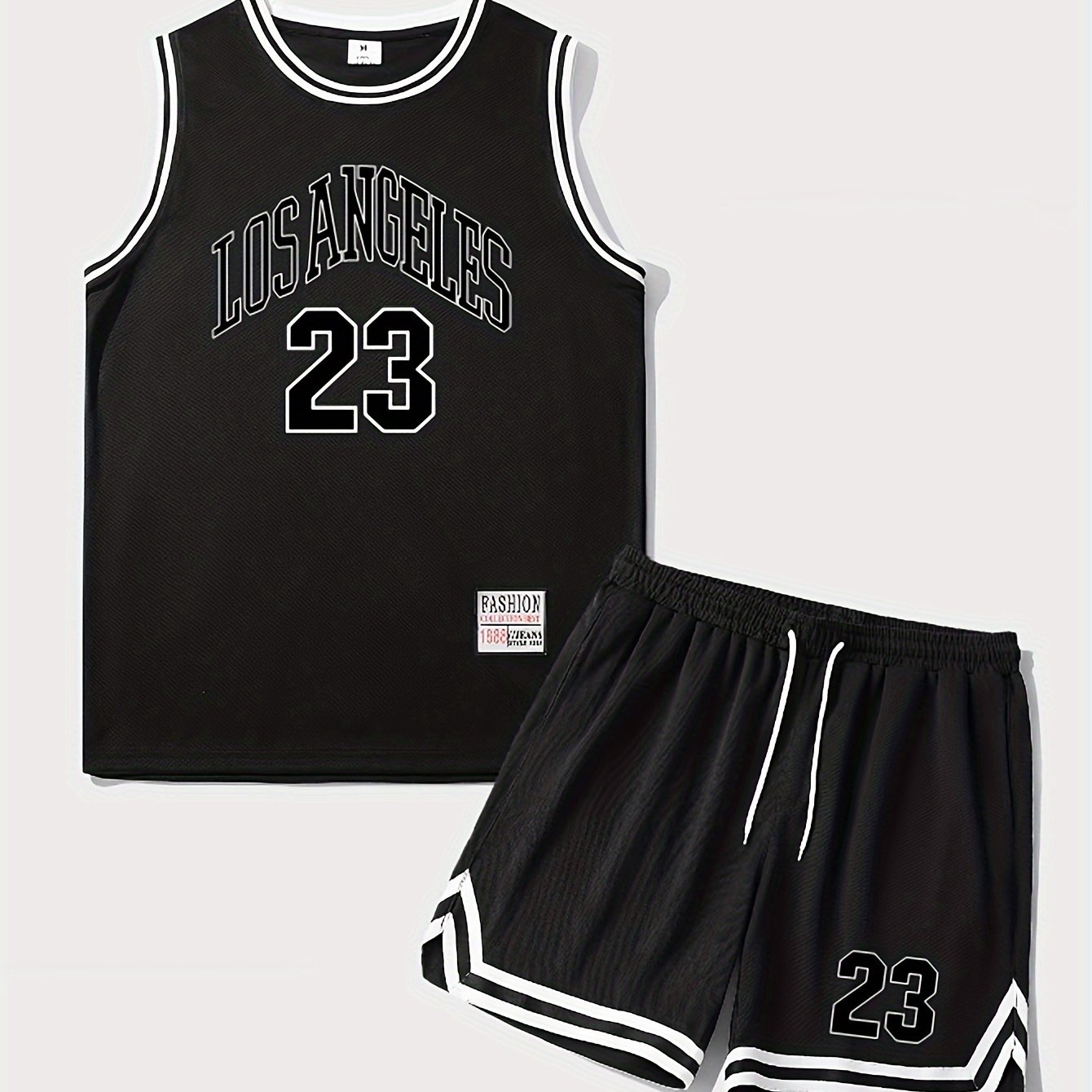 2-piece Men's LOS ANGELES Digital Print Outfit Set, Men's Breathable Sleeveless Basketball Tank Top &amp; Striped Drawstring Shorts With Pockets, Summer Outdoor