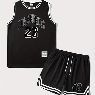 2-piece Men's LOS ANGELES Digital Print Outfit Set, Men's Breathable Sleeveless Basketball Tank Top &amp; Striped Drawstring Shorts With Pockets, Summer Outdoor