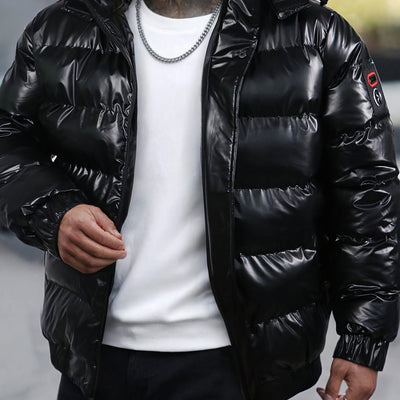 Men's Glossy Black Winter Hooded Jacket - Thermal Insulated Polyester Coat with Elastic Cuffs, Multiple Pockets &amp; Regular Fit for Cold Weather, Winter Jacket