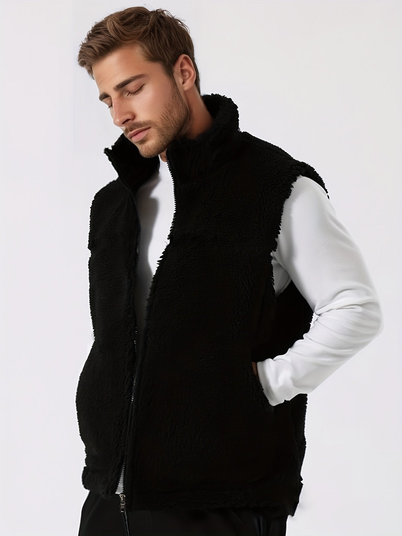 Men's Winter Outdoor Thickened Sleeveless Vest - Fleece-Lined Stand Collar Solid Color with Pockets, Machine Washable for Hiking &amp; Casual Wear