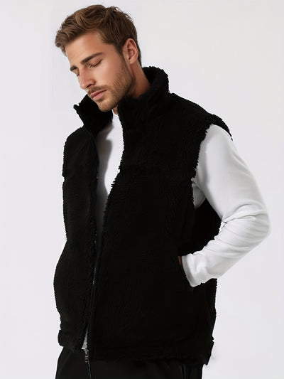 Men's Winter Outdoor Thickened Sleeveless Vest - Fleece-Lined Stand Collar Solid Color with Pockets, Machine Washable for Hiking &amp; Casual Wear