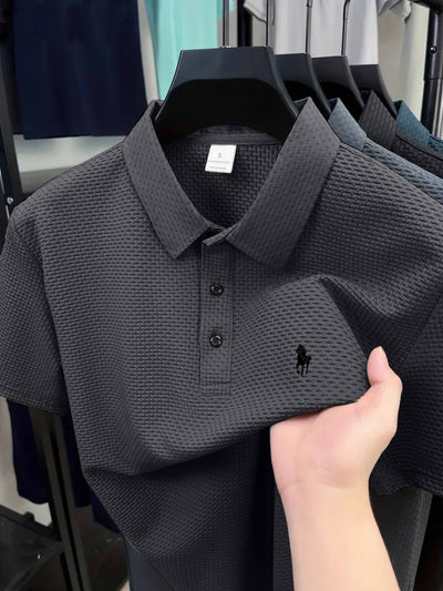 Men'S Casual Golf Shirt with Geometric Print, Lightweight Knit Fabric, Regular Fit, Short Sleeve, Button-Up Collar, Summer Wear, Golf Shirt