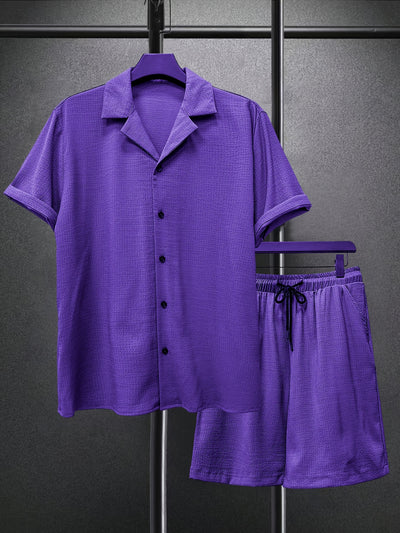 2025 spring and summer new small checkered texture shirt and shorts suit, casual solid color suit collar short-sleeved shirt and shorts Men's 2pcs suit, summer light top and pants Men's beach suit, daily outing, casual travel