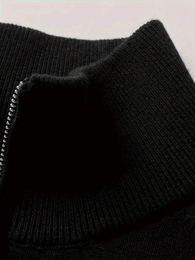 1pc Men's Casual Short Sleeve Knit Sweater - Solid Black Round Neck Half-Zip Pullover, Regular Fit Autumn Winter Layering Essential, Hand Wash Only