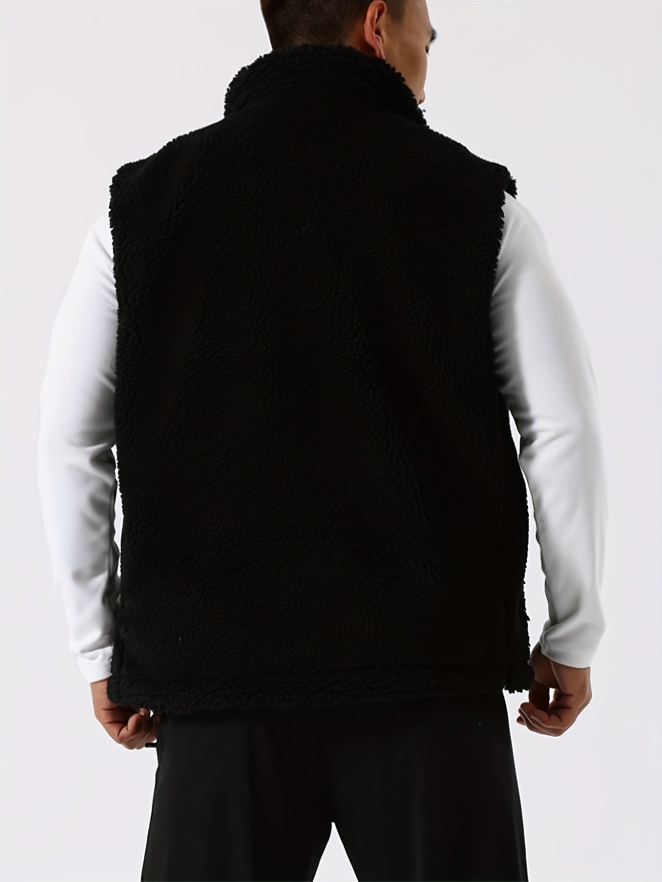 Men's Winter Outdoor Thickened Sleeveless Vest - Fleece-Lined Stand Collar Solid Color with Pockets, Machine Washable for Hiking &amp; Casual Wear