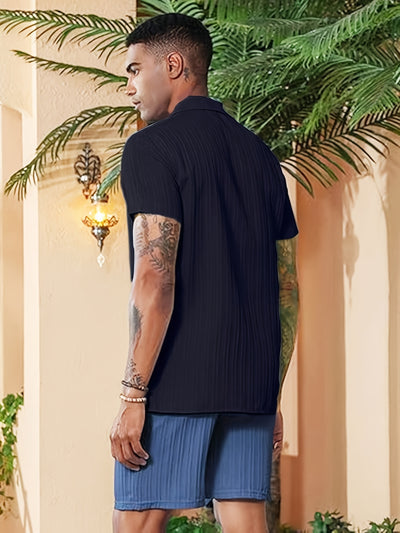Men'S Textured Short Sleeve Beach Shirt - Casual Summer Cuban Style with Button-Up Front, Dark Blue, Lightweight Polyester Fabric, Perfect for Camping &amp; Vacation, Camping Accessorie