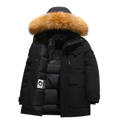Black Down Jacket 2024 Winter Lined White Duck Down Hooded Fur Collar Jacket Casual Fashion Thick Warm Embroidered Design Parka
