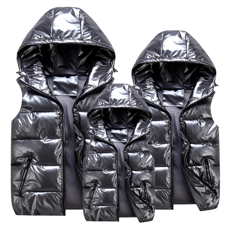 Classic Hooded Vest Man/Woman/Child Winter Hooded Glossy Cotton Vest Casual Waistcoat Men's Sleeveless Jacket Warm Overcoats Hat