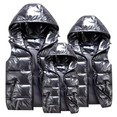 Classic Hooded Vest Man/Woman/Child Winter Hooded Glossy Cotton Vest Casual Waistcoat Men's Sleeveless Jacket Warm Overcoats Hat