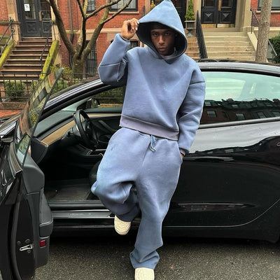 Y2k American Winter Oversized Hoodies Sweatpants Suits Men's Vintage Hip Hop Casual Elasticity Pullover Fashion Punk 2 Piece Set