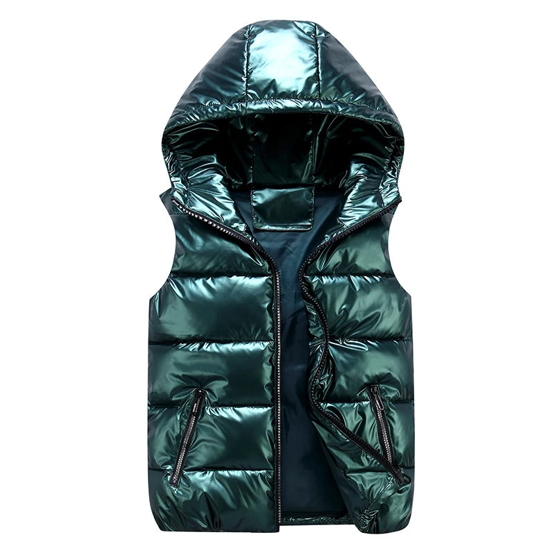 Classic Hooded Vest Man/Woman/Child Winter Hooded Glossy Cotton Vest Casual Waistcoat Men's Sleeveless Jacket Warm Overcoats Hat