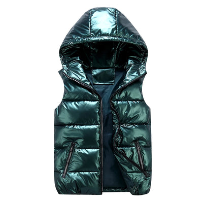Classic Hooded Vest Man/Woman/Child Winter Hooded Glossy Cotton Vest Casual Waistcoat Men's Sleeveless Jacket Warm Overcoats Hat