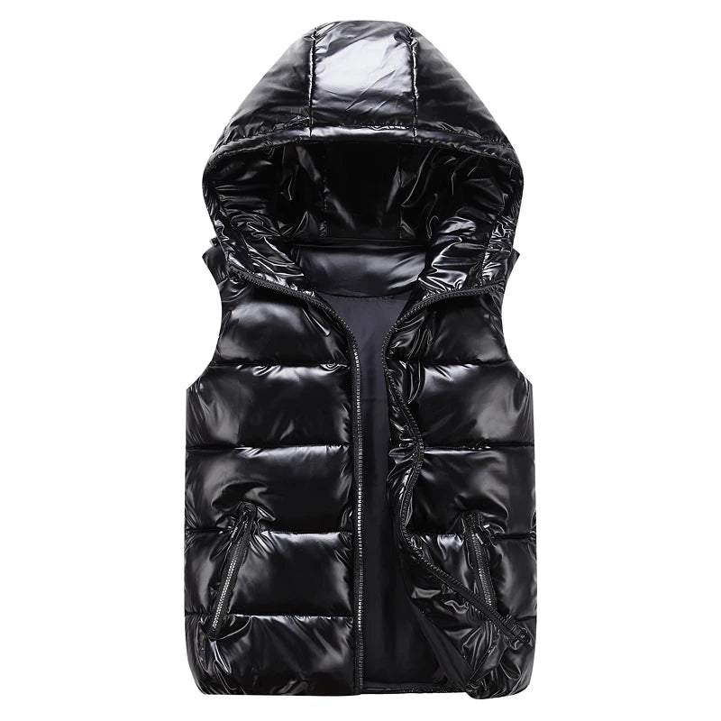Classic Hooded Vest Man/Woman/Child Winter Hooded Glossy Cotton Vest Casual Waistcoat Men's Sleeveless Jacket Warm Overcoats Hat