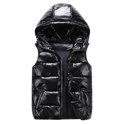 Classic Hooded Vest Man/Woman/Child Winter Hooded Glossy Cotton Vest Casual Waistcoat Men's Sleeveless Jacket Warm Overcoats Hat