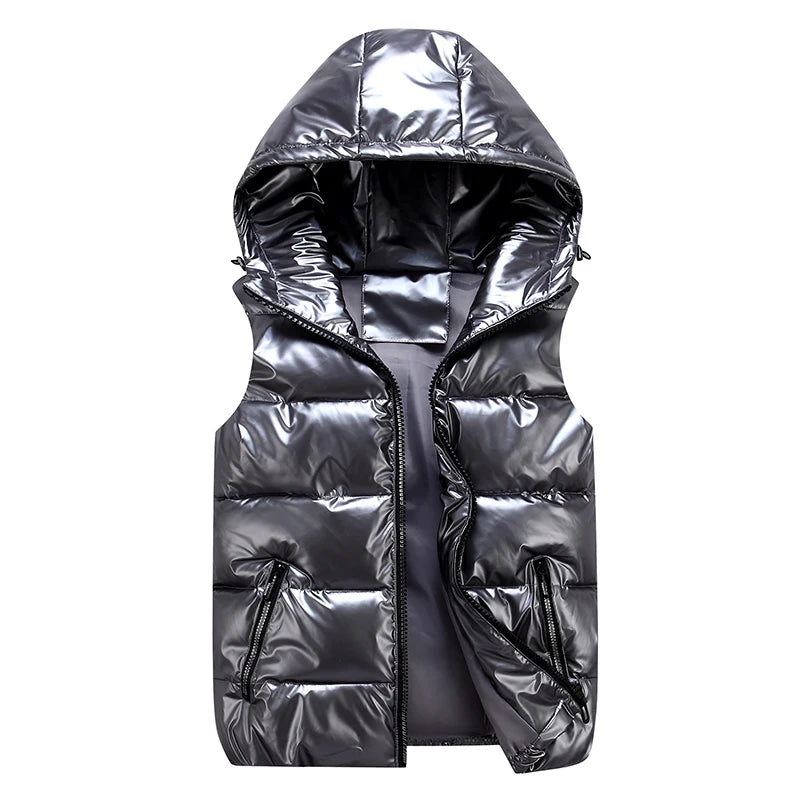Classic Hooded Vest Man/Woman/Child Winter Hooded Glossy Cotton Vest Casual Waistcoat Men's Sleeveless Jacket Warm Overcoats Hat