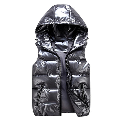 Classic Hooded Vest Man/Woman/Child Winter Hooded Glossy Cotton Vest Casual Waistcoat Men's Sleeveless Jacket Warm Overcoats Hat