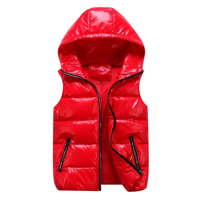 Classic Hooded Vest Man/Woman/Child Winter Hooded Glossy Cotton Vest Casual Waistcoat Men's Sleeveless Jacket Warm Overcoats Hat