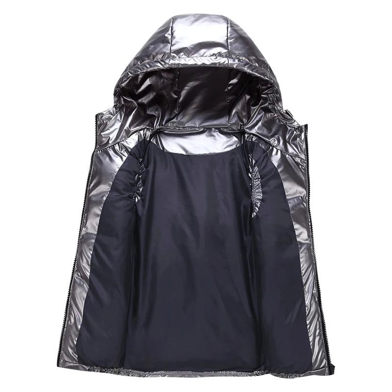 Classic Hooded Vest Man/Woman/Child Winter Hooded Glossy Cotton Vest Casual Waistcoat Men's Sleeveless Jacket Warm Overcoats Hat