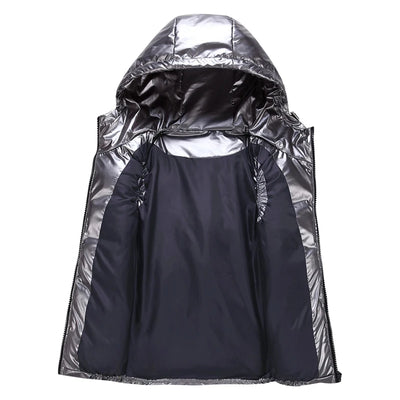 Classic Hooded Vest Man/Woman/Child Winter Hooded Glossy Cotton Vest Casual Waistcoat Men's Sleeveless Jacket Warm Overcoats Hat