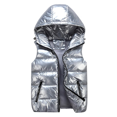 Classic Hooded Vest Man/Woman/Child Winter Hooded Glossy Cotton Vest Casual Waistcoat Men's Sleeveless Jacket Warm Overcoats Hat