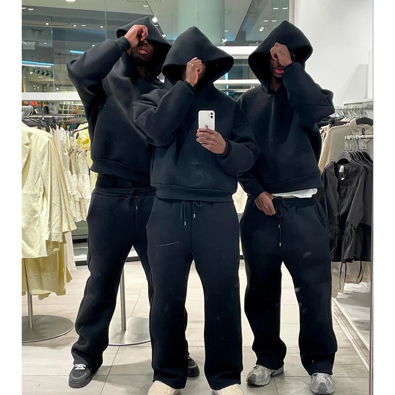 Y2k American Winter Oversized Hoodies Sweatpants Suits Men's Vintage Hip Hop Casual Elasticity Pullover Fashion Punk 2 Piece Set