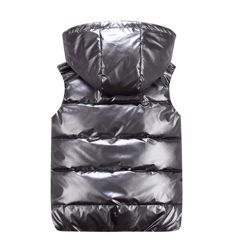 Classic Hooded Vest Man/Woman/Child Winter Hooded Glossy Cotton Vest Casual Waistcoat Men's Sleeveless Jacket Warm Overcoats Hat