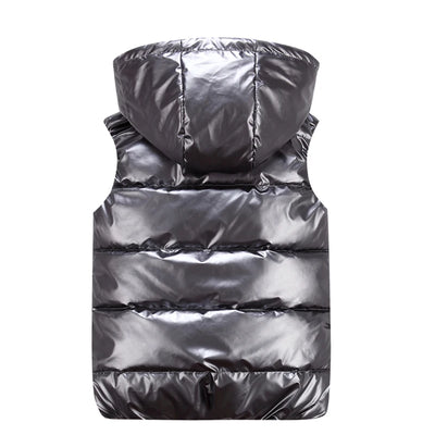 Classic Hooded Vest Man/Woman/Child Winter Hooded Glossy Cotton Vest Casual Waistcoat Men's Sleeveless Jacket Warm Overcoats Hat