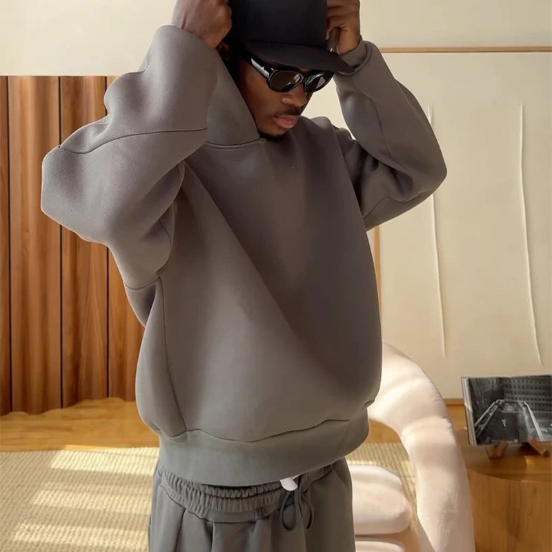 Y2k American Winter Oversized Hoodies Sweatpants Suits Men's Vintage Hip Hop Casual Elasticity Pullover Fashion Punk 2 Piece Set