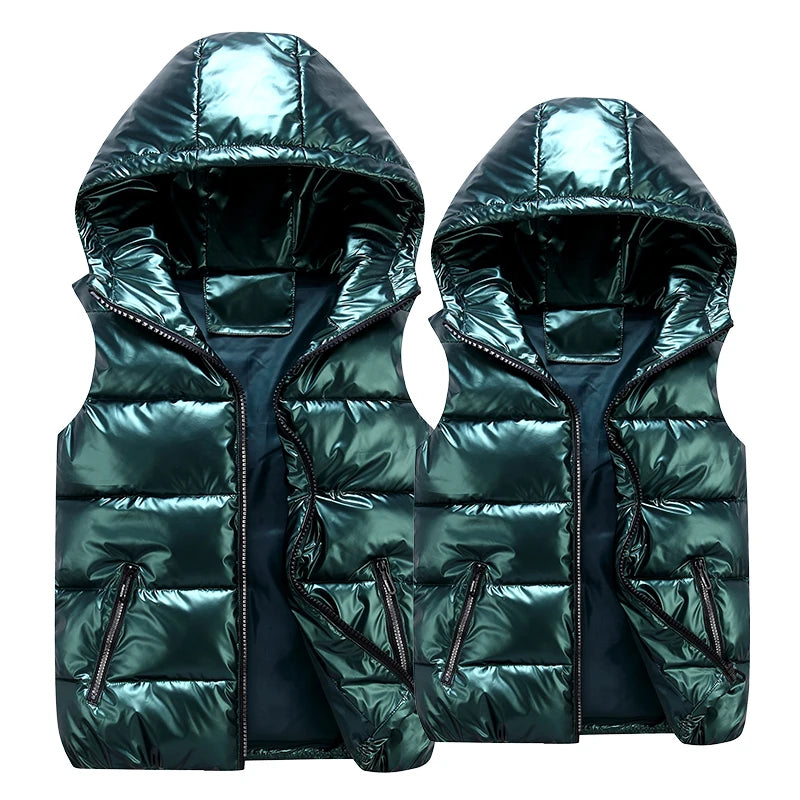 Classic Hooded Vest Man/Woman/Child Winter Hooded Glossy Cotton Vest Casual Waistcoat Men's Sleeveless Jacket Warm Overcoats Hat