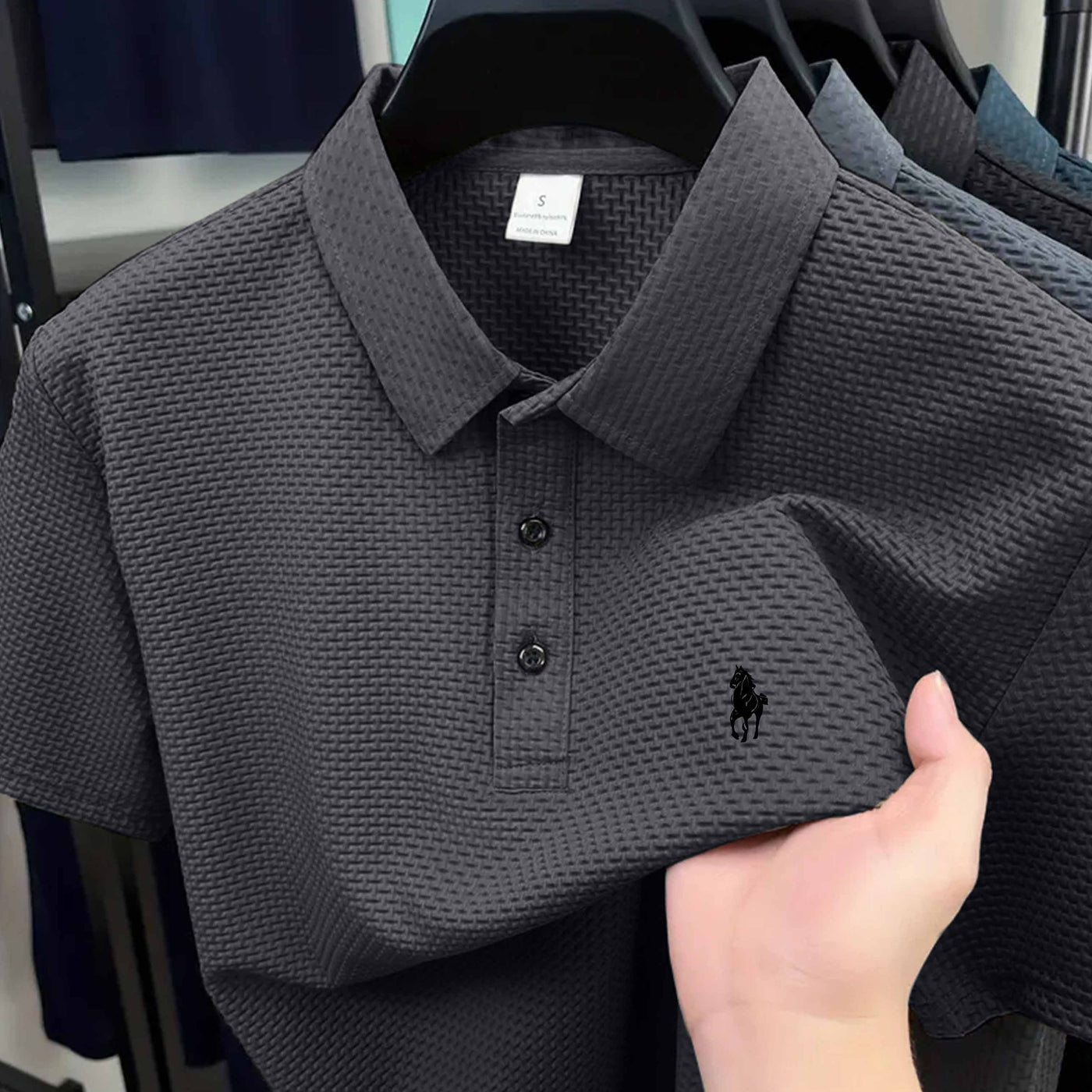 Men'S Casual Golf Shirt with Geometric Print, Lightweight Knit Fabric, Regular Fit, Short Sleeve, Button-Up Collar, Summer Wear, Golf Shirt