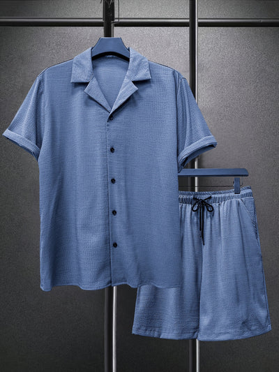 2025 spring and summer new small checkered texture shirt and shorts suit, casual solid color suit collar short-sleeved shirt and shorts Men's 2pcs suit, summer light top and pants Men's beach suit, daily outing, casual travel