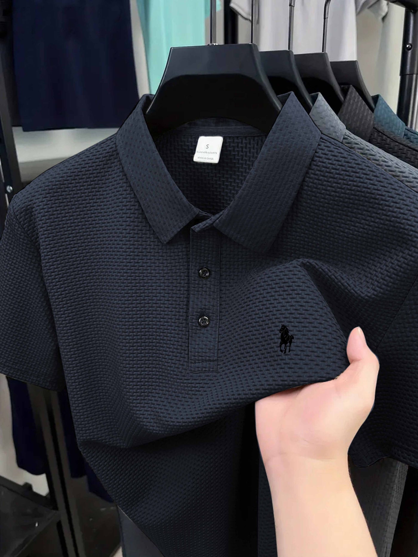 Men'S Casual Golf Shirt with Geometric Print, Lightweight Knit Fabric, Regular Fit, Short Sleeve, Button-Up Collar, Summer Wear, Golf Shirt
