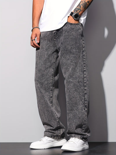 1pc American High Street Loose Jeans, Vintage Snowflake Washed Wide Leg Pants, Unisex Without Belt/Without Hanging
