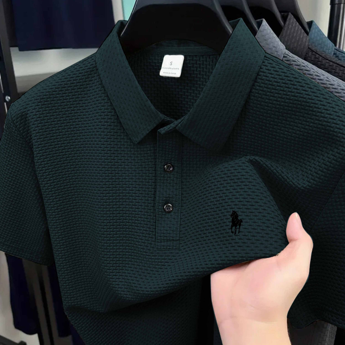Men'S Casual Golf Shirt with Geometric Print, Lightweight Knit Fabric, Regular Fit, Short Sleeve, Button-Up Collar, Summer Wear, Golf Shirt
