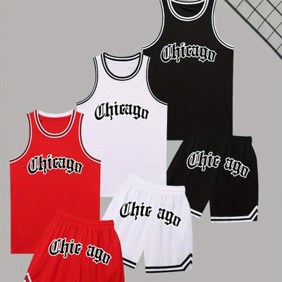 3 Sets Men'S Summer Sports Crew Neck Polyester Round Neck Basketball Print Short Sleeve Workout Top + Shorts Set for Men