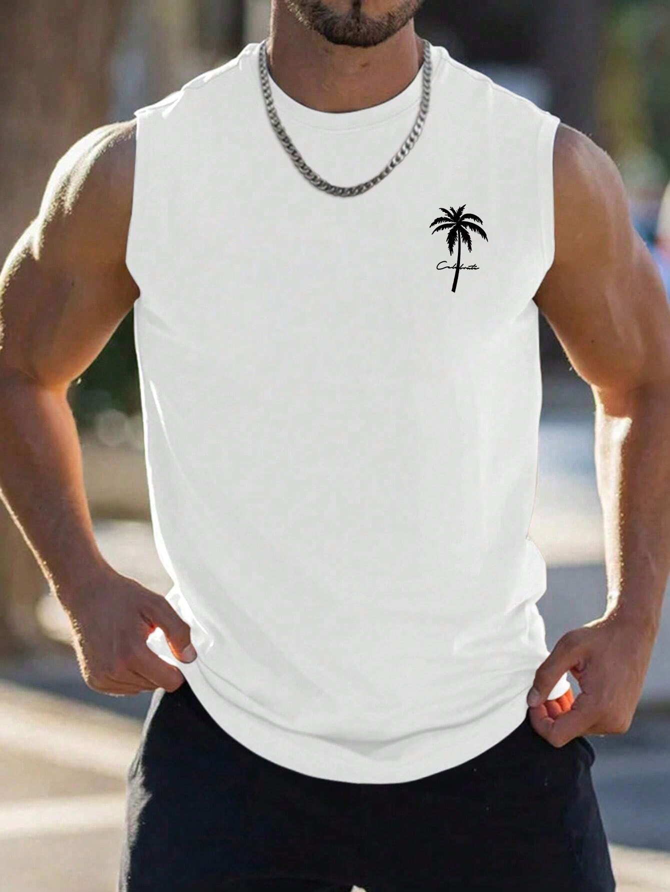 Men's Breathable Summer Sleeveless Shirt with Palm Tree Print - Lightweight Polyester, Regular Fit, Round Neck, Machine Washable, Casual Beach Style, Summer Casual Wear | Relaxed fit shirt | Stretchable material, shirts for