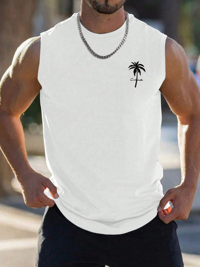 Men's Breathable Summer Sleeveless Shirt with Palm Tree Print - Lightweight Polyester, Regular Fit, Round Neck, Machine Washable, Casual Beach Style, Summer Casual Wear | Relaxed fit shirt | Stretchable material, shirts for