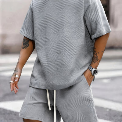 MY-TZ2025 Men's Casual Fashionable Suit: Simple Textured Short Sleeve T-shirt and Shorts, Show Personality and Comfort