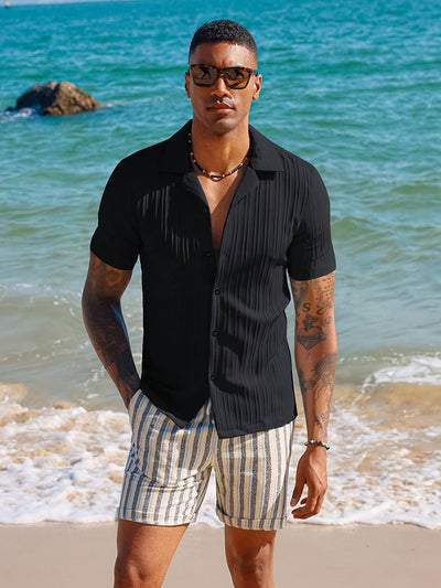 Men'S Textured Short Sleeve Beach Shirt - Casual Summer Cuban Style with Button-Up Front, Dark Blue, Lightweight Polyester Fabric, Perfect for Camping &amp; Vacation, Camping Accessorie