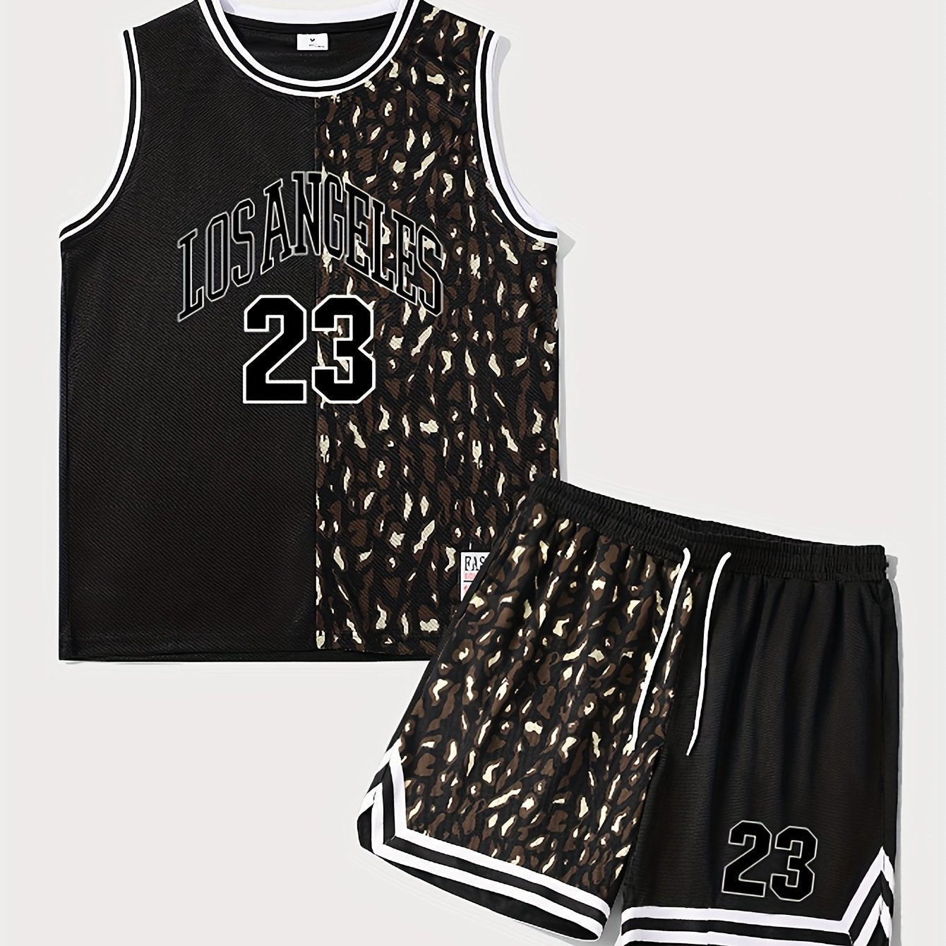 2-piece Men's LOS ANGELES Digital Print Outfit Set, Men's Breathable Sleeveless Basketball Tank Top &amp; Striped Drawstring Shorts With Pockets, Summer Outdoor
