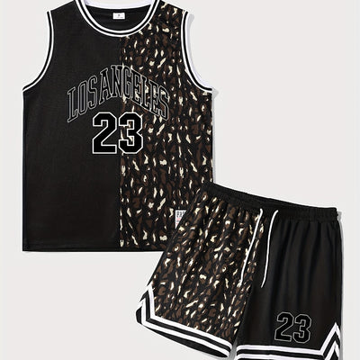 2-piece Men's LOS ANGELES Digital Print Outfit Set, Men's Breathable Sleeveless Basketball Tank Top &amp; Striped Drawstring Shorts With Pockets, Summer Outdoor