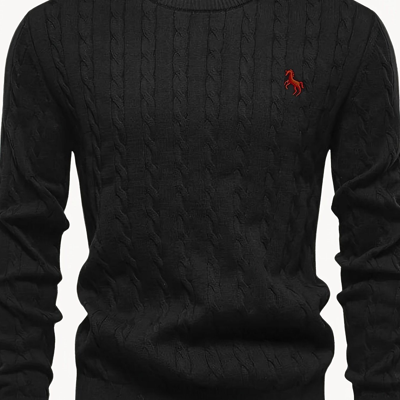 Men's Casual Cable-Knit Sweater with Black Horse Embroidery - Beige Round Neck Pullover, Medium Stretch, Regular Fit for Autumn/Winter, Knit Sweater, Winter Pullover, Simple Elegant Design, Comfortable Texture, Detail